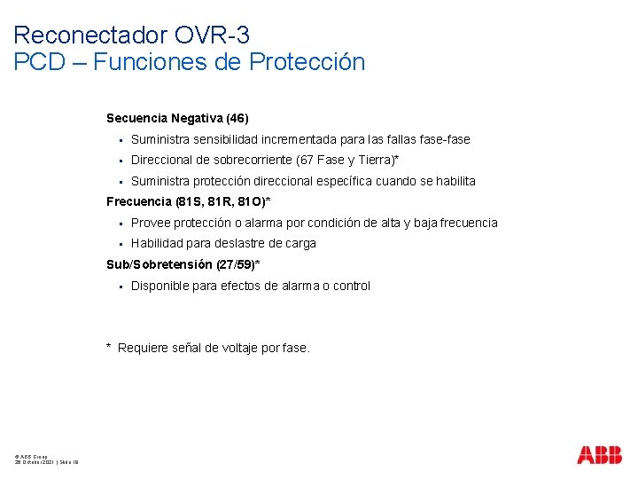 Reconectador OVR-3 PCD – Funciones de Protección Secuencia Negativa (46) § Suministra sensibilidad incrementada