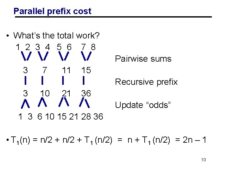 Parallel prefix cost • What’s the total work? 1 2 3 4 5 6