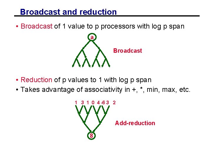 Broadcast and reduction • Broadcast of 1 value to p processors with log p