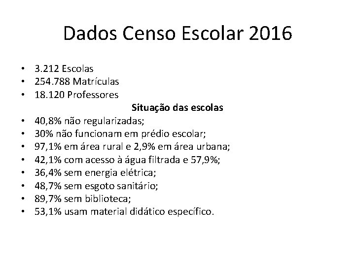 Dados Censo Escolar 2016 • 3. 212 Escolas • 254. 788 Matrículas • 18.