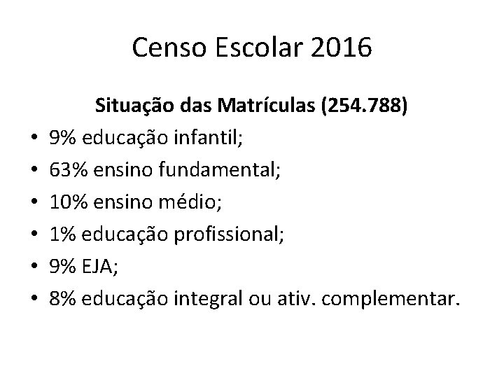 Censo Escolar 2016 • • • Situação das Matrículas (254. 788) 9% educação infantil;