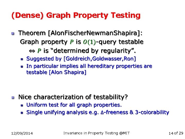 (Dense) Graph Property Testing n 12/09/2014 Invariance in Property Testing @MIT 14 of 29