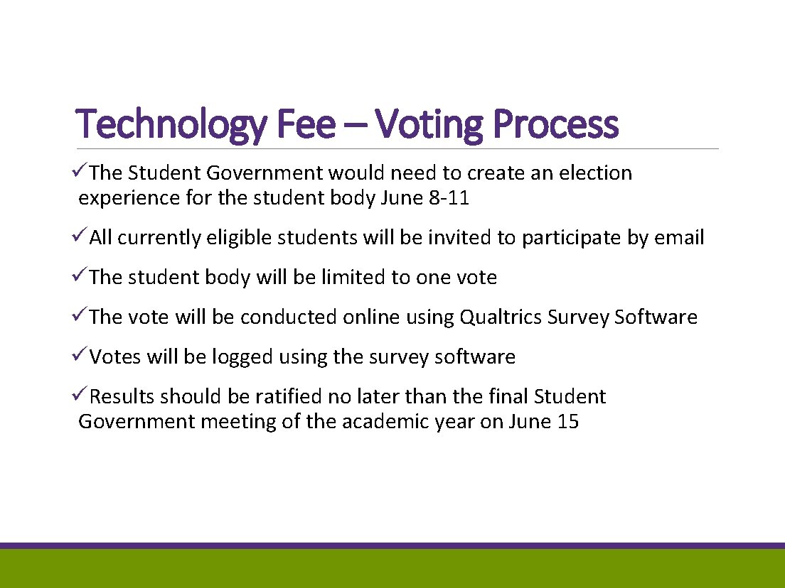 Technology Fee – Voting Process üThe Student Government would need to create an election