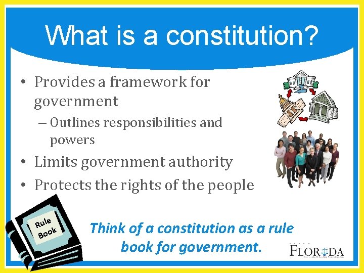 What is a constitution? • Provides a framework for government – Outlines responsibilities and