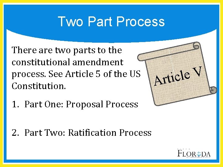 Two Part Process There are two parts to the constitutional amendment process. See Article
