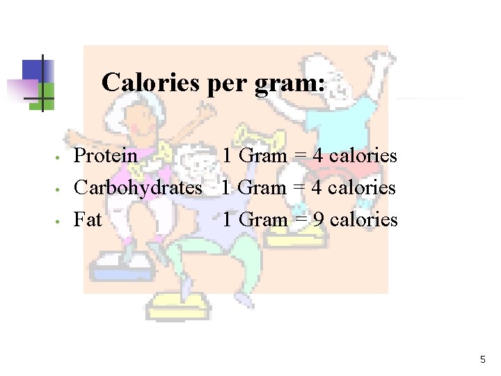 Calories per gram: • • • Protein 1 Gram = 4 calories Carbohydrates 1