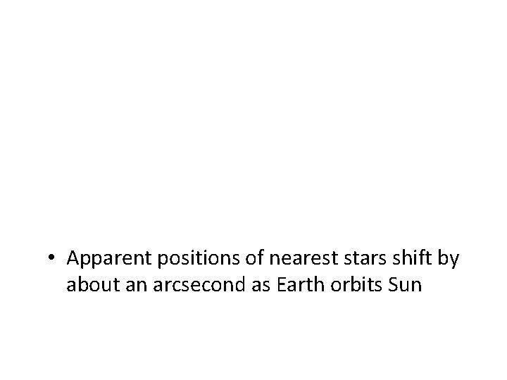  • Apparent positions of nearest stars shift by about an arcsecond as Earth