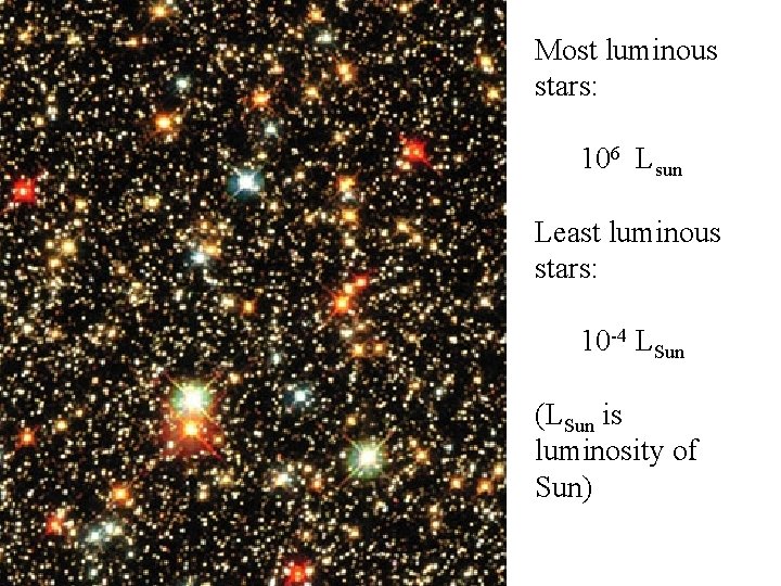 Most luminous stars: 106 Lsun Least luminous stars: 10 -4 LSun (LSun is luminosity