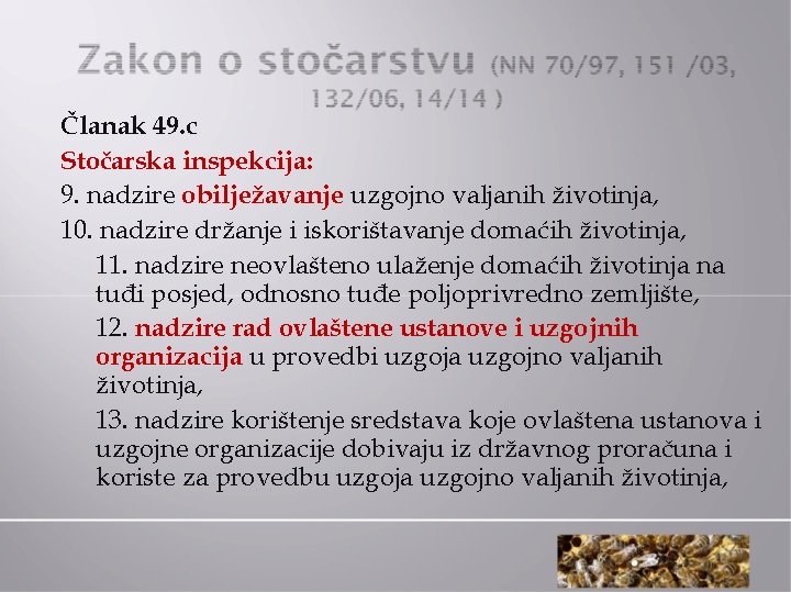 Članak 49. c Stočarska inspekcija: 9. nadzire obilježavanje uzgojno valjanih životinja, 10. nadzire držanje