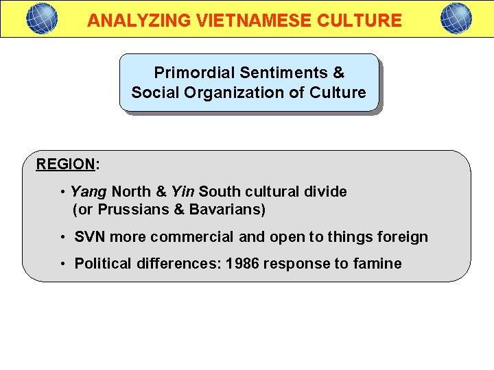 ANALYZING VIETNAMESE CULTURE Primordial Sentiments & Social Organization of Culture REGION: • Yang North