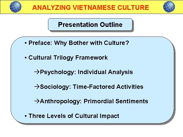 ANALYZING VIETNAMESE CULTURE Presentation Outline • Preface: Why Bother with Culture? • Cultural Trilogy