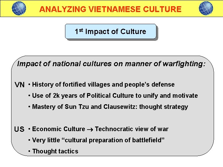 ANALYZING VIETNAMESE CULTURE 1 st Impact of Culture Impact of national cultures on manner