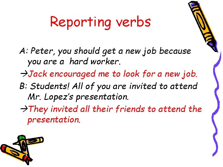 Reporting verbs A: Peter, you should get a new job because you are a