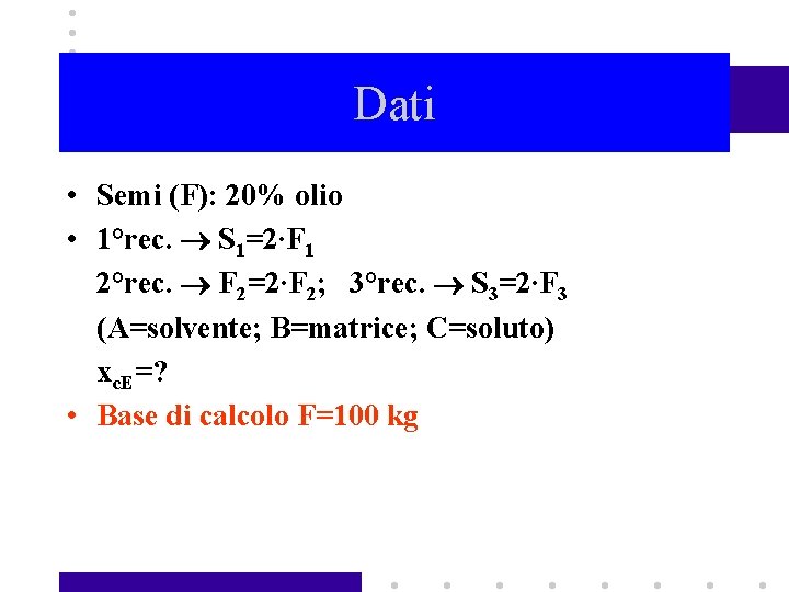 Dati • • • Semi (F): 20% olio 1°rec. S 1=2∙F 1 2°rec. F