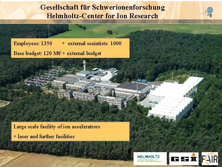 Gesellschaft für Schwerionenforschung Helmholtz-Center for Ion Research Employees: 1350 + external sceintists: 1000 Base