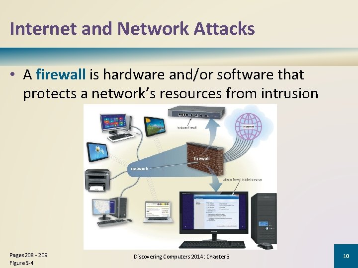 Internet and Network Attacks • A firewall is hardware and/or software that protects a