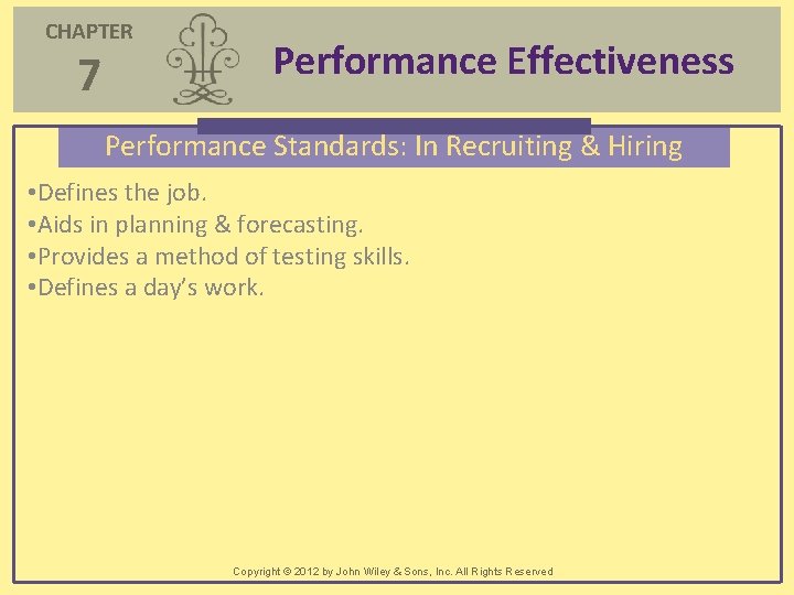 CHAPTER 7 Performance Effectiveness Performance Standards: In Recruiting & Hiring • Defines the job.