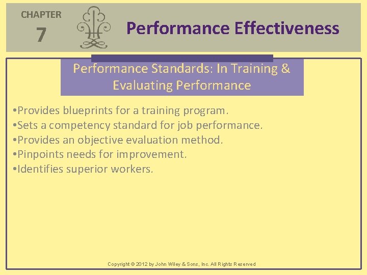 CHAPTER 7 Performance Effectiveness Performance Standards: In Training & Evaluating Performance • Provides blueprints