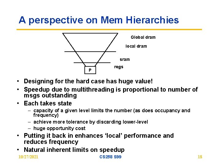 A perspective on Mem Hierarchies Global dram local dram sram P regs • Designing