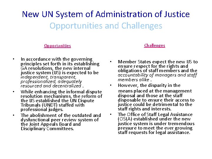New UN System of Administration of Justice Opportunities and Challenges Opportunities • • •