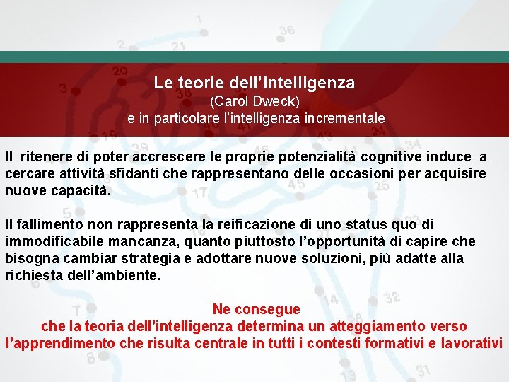 Le teorie dell’intelligenza (Carol Dweck) e in particolare l’intelligenza incrementale Il ritenere di poter