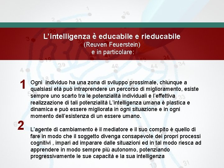 L’intelligenza è educabile e rieducabile (Reuven Feuerstein) e in particolare: 1 2 Ogni individuo