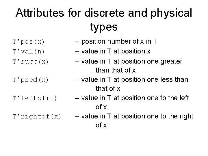 Attributes for discrete and physical types T’pos(x) T’val(n) T’succ(x) T’pred(x) T’leftof(x) T’rightof(x) -- position