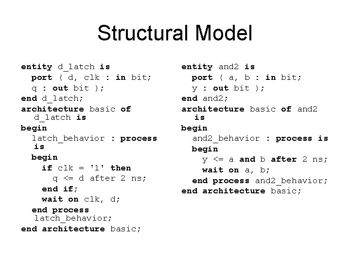 Structural Model entity d_latch is port ( d, clk : in bit; q :