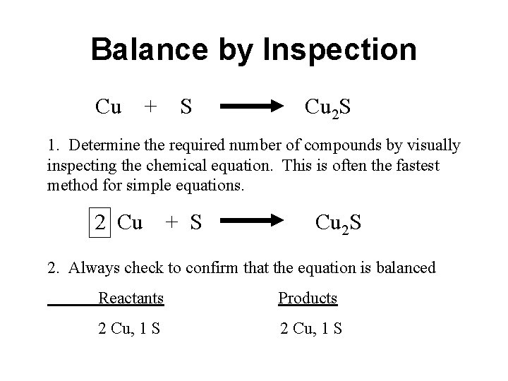 Balance by Inspection Cu + S Cu 2 S 1. Determine the required number