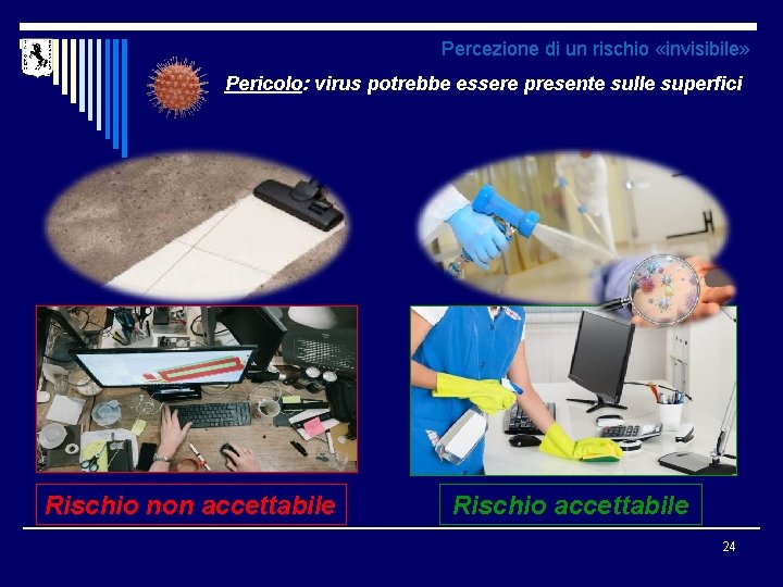 Percezione di un rischio «invisibile» Pericolo: virus potrebbe essere presente sulle superfici Rischio non