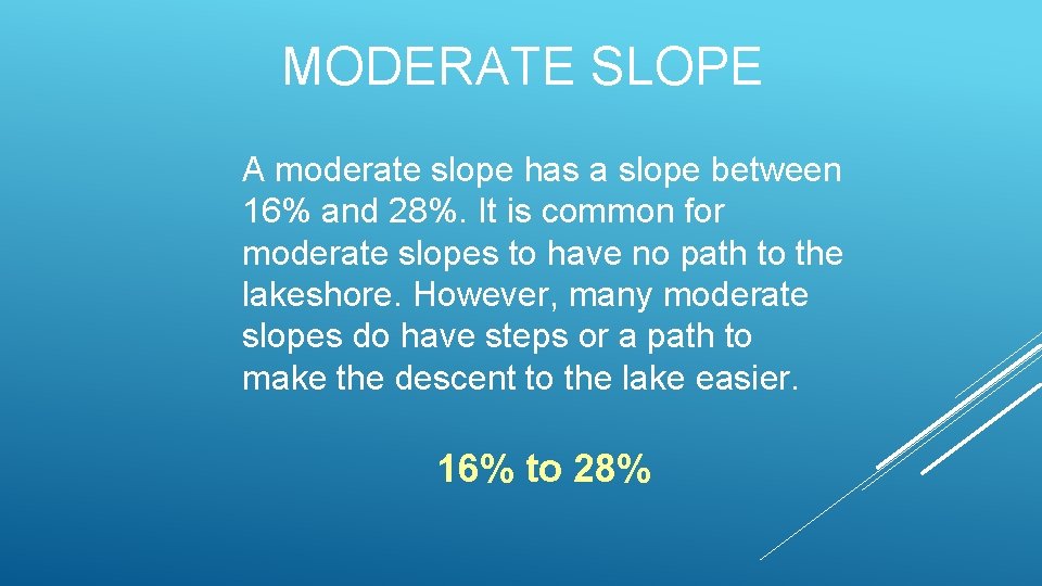 MODERATE SLOPE A moderate slope has a slope between 16% and 28%. It is