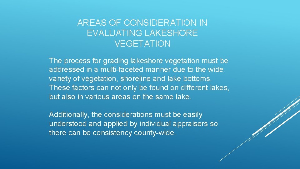 AREAS OF CONSIDERATION IN EVALUATING LAKESHORE VEGETATION The process for grading lakeshore vegetation must