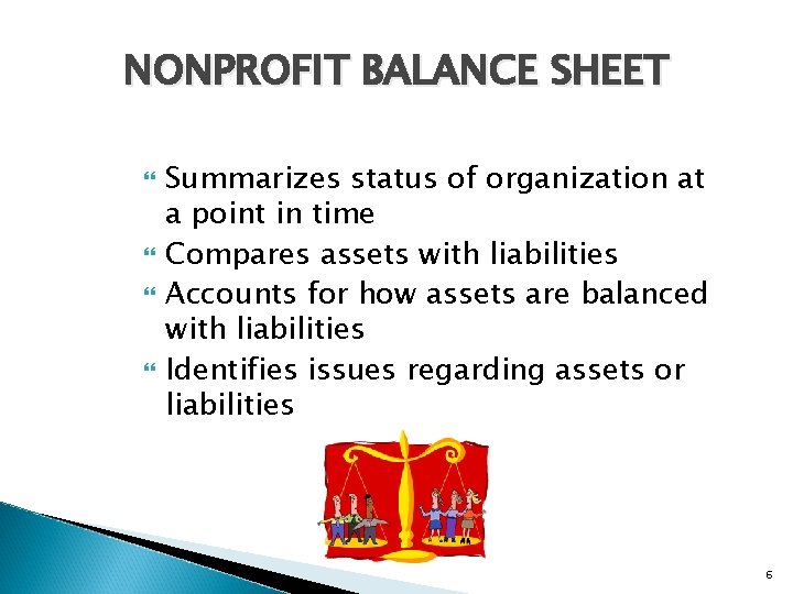 NONPROFIT BALANCE SHEET Summarizes status of organization at a point in time Compares assets