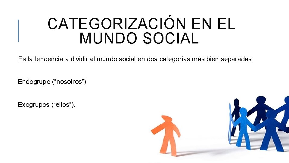 CATEGORIZACIÓN EN EL MUNDO SOCIAL Es la tendencia a dividir el mundo social en