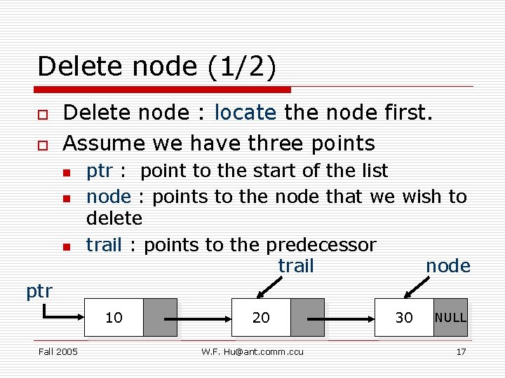 Delete node (1/2) o o Delete node : locate the node first. Assume we