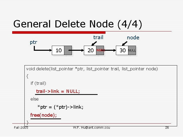 General Delete Node (4/4) trail ptr 10 20 NULL node 30 NULL void delete(list_pointer