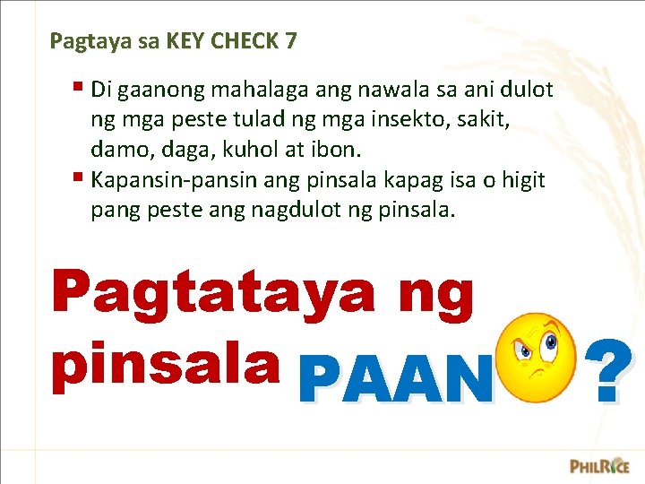 Pagtaya sa KEY CHECK 7 § Di gaanong mahalaga ang nawala sa ani dulot