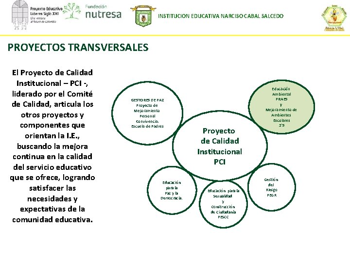 INSTITUCION EDUCATIVA NARCISO CABAL SALCEDO PROYECTOS TRANSVERSALES El Proyecto de Calidad Institucional – PCI