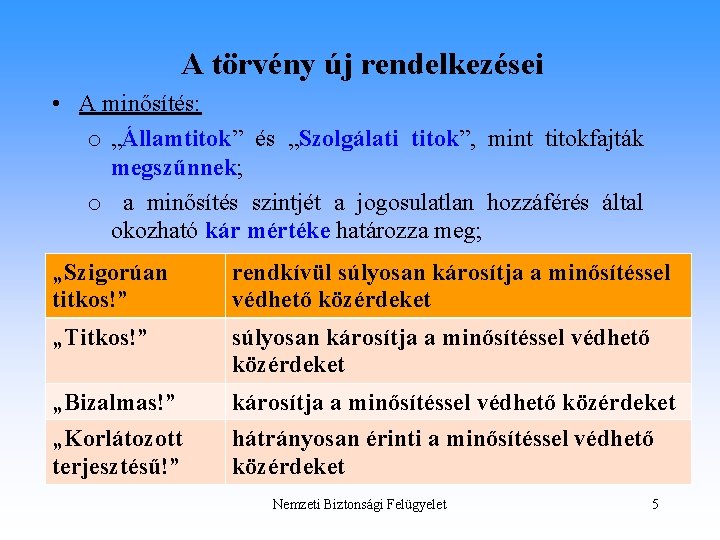 A törvény új rendelkezései • A minősítés: o „Államtitok” és „Szolgálati titok”, mint titokfajták