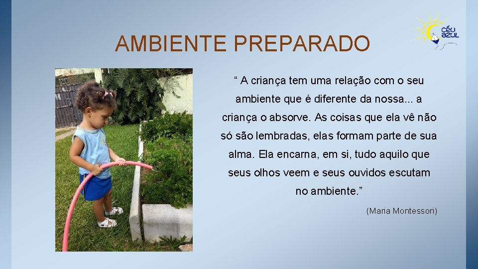 AMBIENTE PREPARADO “ A criança tem uma relação com o seu ambiente que é