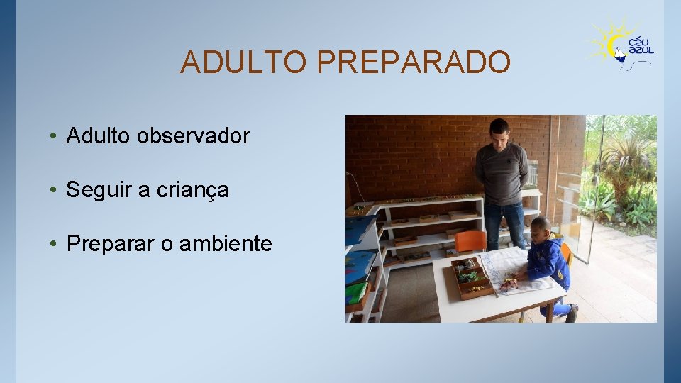 ADULTO PREPARADO • Adulto observador • Seguir a criança • Preparar o ambiente 