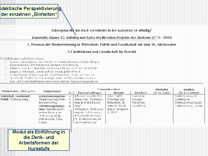 idaktische Perspektivierung der einzelnen „Einheiten“ Modul als Einführung in die Denk- und Arbeitsformen der