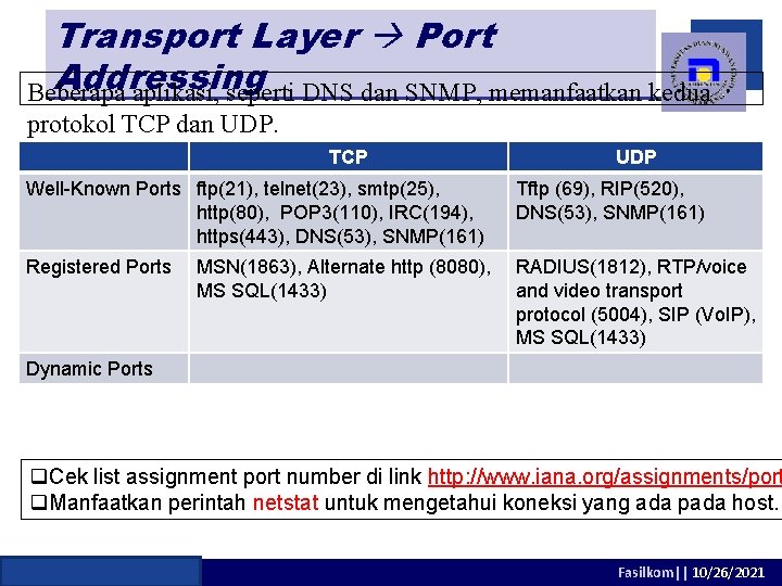 Transport Layer Port Addressing Beberapa aplikasi, seperti DNS dan SNMP, memanfaatkan kedua protokol TCP