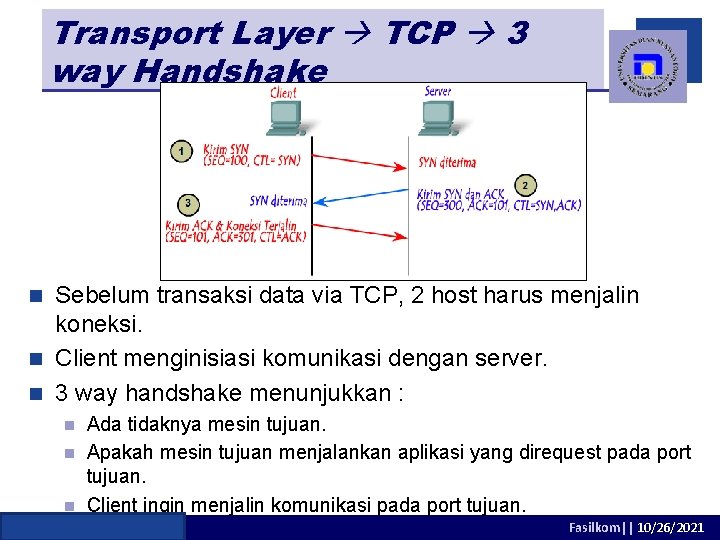 Transport Layer TCP 3 way Handshake Sebelum transaksi data via TCP, 2 host harus