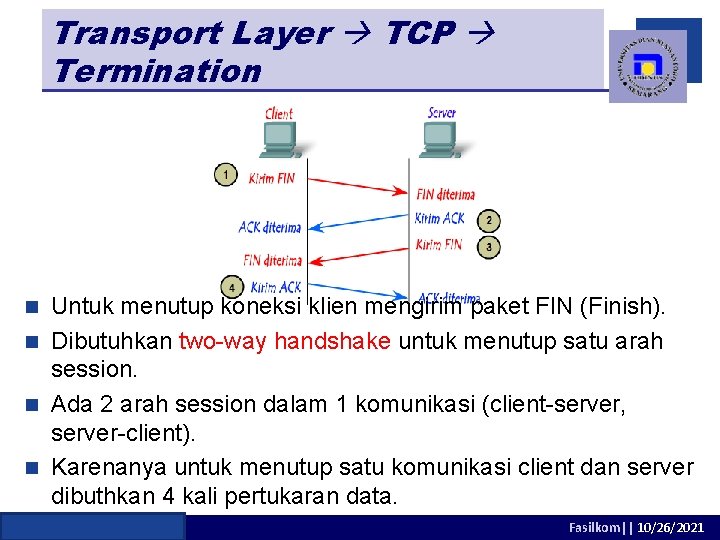 Transport Layer TCP Termination Untuk menutup koneksi klien mengirim paket FIN (Finish). n Dibutuhkan