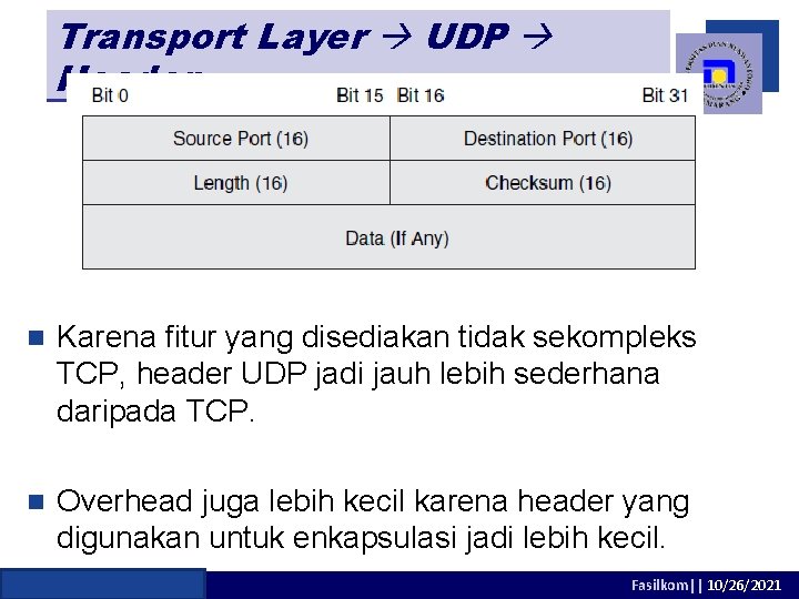 Transport Layer UDP Header n Karena fitur yang disediakan tidak sekompleks TCP, header UDP