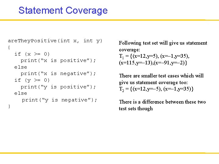 Statement Coverage are. They. Positive(int x, int y) { if (x >= 0) print(“x