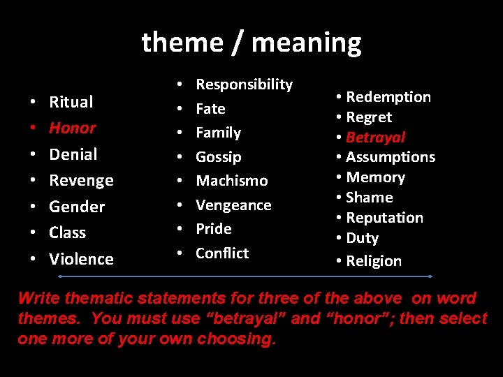 theme / meaning • • Ritual Honor Denial Revenge Gender Class Violence • •