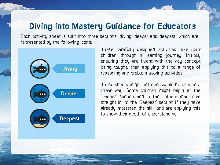 Diving into Mastery Guidance for Educators Each activity sheet is split into three sections,