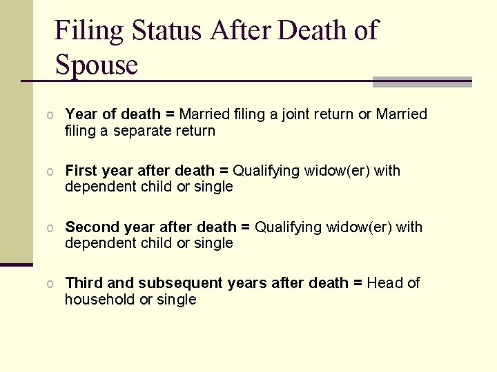 Filing Status After Death of Spouse o Year of death = Married filing a